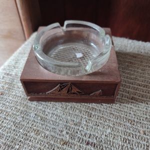 RARE FIND...VINTAGE 70's LASER SAILBOAT WALNUT WOODEN BASE AND GLASS ASHTRAY. .